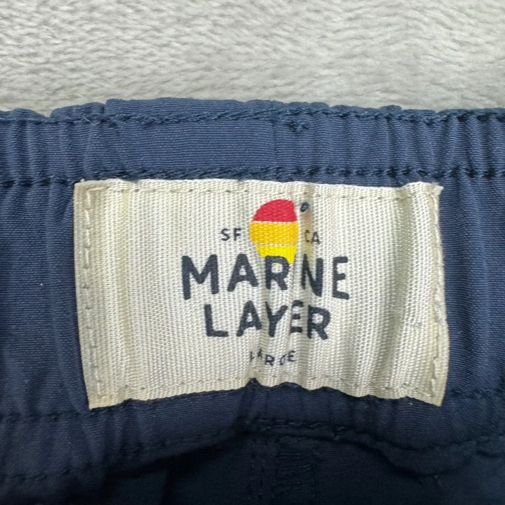 Marine Layer Mens Navy Rainbow Stripe Swim Trunks Palm Tree Patch L Surf Travel